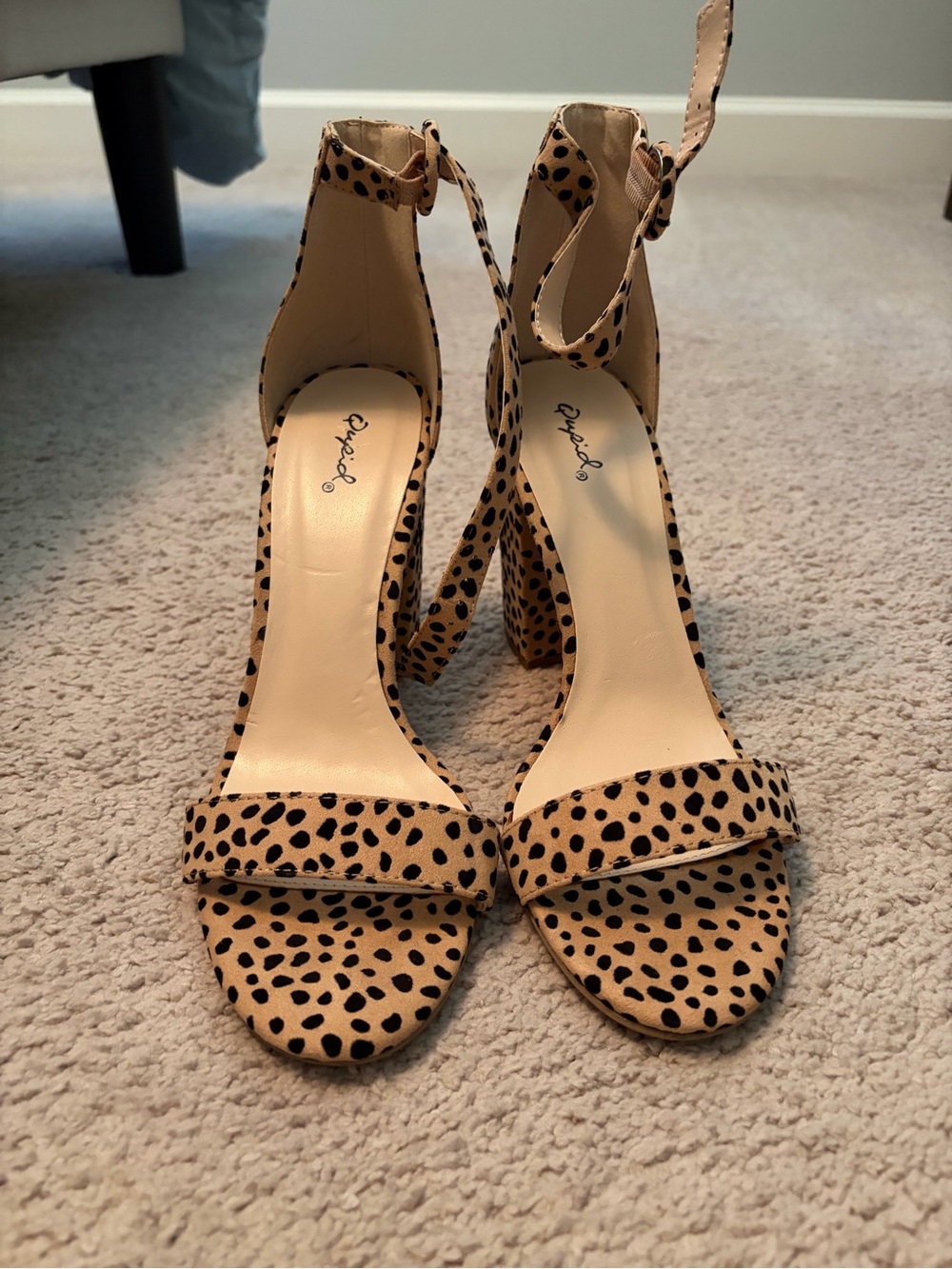 Qupid Leopard Print Ankle-Strap Block Heels in Tan and Black